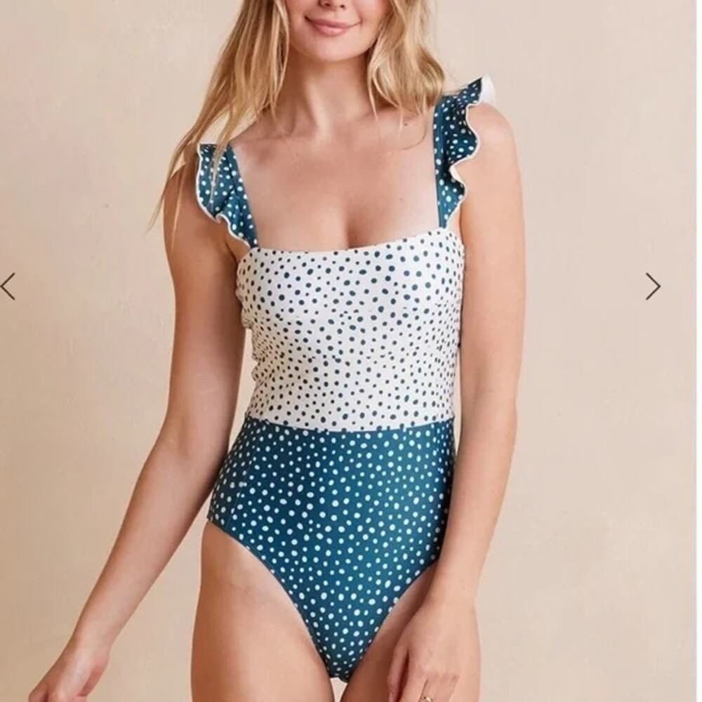 Summersalt The Ruffle Oasis One Piece Swimsuit Polka Dot Teal White Womens Sz 8
